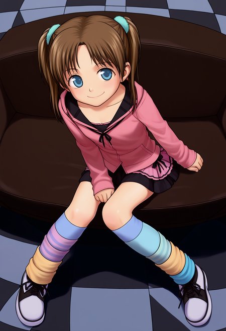 score_9, best quality, masterpiece, uncensored, source_anime
BREAK
1girl, solo, looking at viewer, smile, blue eyes, skirt, brown hair, thighhighs, sitting, twintails, shoes, striped clothes, from above, looking up, striped thighhighs, couch, checkered floor, leg warmers
<lora:rustle_pony_v1:1>