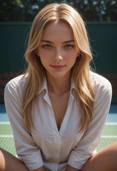 score_9_up, score_8_up, score_7_up, score_6_up, 1girl, 25 years old, perfect face, (adult), sexy,
three quarter view, detailed face, portrait, face focus, depth of field, looking at viewer, blush, shy smile,
blue eyes, 
blonde hair, long hair, 
white shirt, 
tennis court, 
legs apart, looking at viewer,