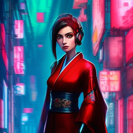 a girl in a red kimono, masterpiece composition, cyberpunk