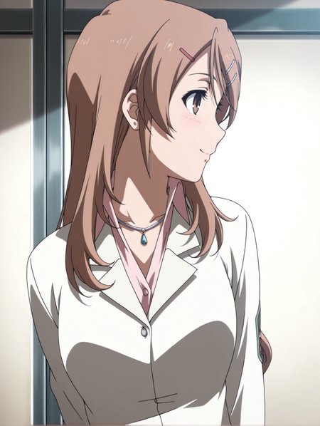 masterpiece,best quality,newest,
1girl,solo,
anime screencap,<lora:sakurai_yukino_ilxl_v1.0:1>,brown hair,brown eyes,long hair,
y_clothes,necklace,uniform,white jacket,shirt,
<lora:Fixhands_anime_bdsqlsz_V1:1>,upper_body,profile,looking_at_viewer,smile,light_blush,white_background,simple_background,