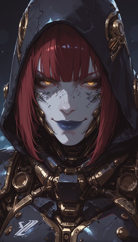 masterpiece,best quality,amazing quality,very aesthetic,absurdres,newest,detailed eyes,32k,ultra detailed, 1girl, solo, epic futuristic illustration in techno punk style, dark red hair, messy bob, bangs, gold eyes, dark blue lips, face tattoo, cyber armor, armor joints glow soft white light, black hood on head, inpainted armor with primal tribal patterns, sci fi realm merges with dark fantasy style in warhammer universe style, look at viewer, cheeky grin, closed mouth, sketch art style, close up, straight view, matte palette, contrast, shading, bokeh, gradient, 7481llu, arsmjstyle, <lora:HyperdetailedColoredPencilIl:0.25> <lora:NOOB_vp1_detailer_by_volnovik_v1:0.45> <lora:Detailer_NoobAI_Incrs_v1:0.6> <lora:Sinozick_style:0.35> <lora:- iLL - the_edgy_mech_V3.0:1> <lora:748cm_illu:0.25>