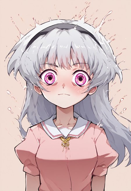 score_9, score_7_up,  source_anime, uncensored, flat color, vector trace,  zPDXLxxx, <lora:intricate_details:0.5> intricate_details_xl, barn, (splash art:1.25), visually stimulating, beige background,  close-up, back focus,
1girl, solo, li, medium breasts, grey hair, topknot, bangs, hair pulled back, long hair, looking at viewer, Jubbah,
<lora:Higurashi_Looper_Eyes_v1.1:1> looper eyes, light pink eyes, glowing eyes, symbol-shaped pupils, eye reflection, white sclera, looking at viewer,  <lora:Orenji_v3:1> orenji