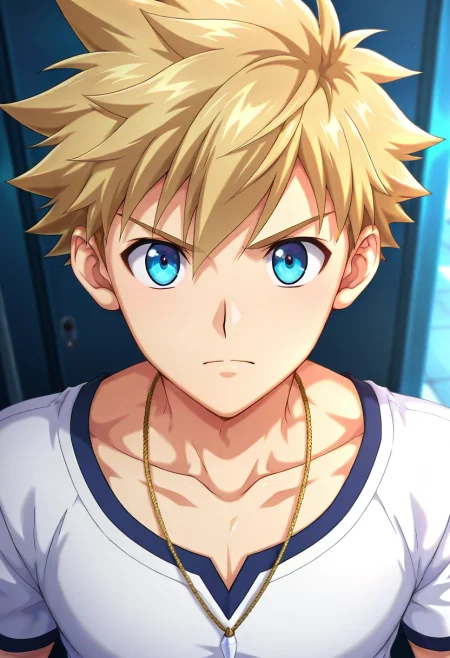 masterpiece, best quality, , anime screencap, , official style, looking at viewer, depth of field, 1boy, solo, male focus, <lora:connor_bleufin_ilxl:1>, connor_bleufin, blonde hair, blue eyes, short hair, spiked hair, , necklace, ,