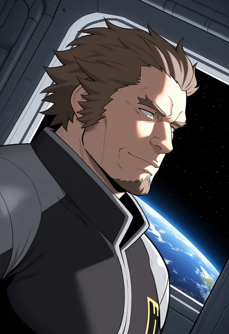 1boy, (close-up:1.5), space, window, looking outside, dark, light smile, dutch angle, earth \(planet\), indoors, spacecraft interior, looking to the side,
BREAK
<lora:Crank_Zent_from_Dry_Soldier_by_Gai_Mizuki_v0.1:1> black jumpsuit,
crankzent, mature male, short hair, brown hair, sideburns, goatee, pectorals, thick arms,
BREAK
very awa, masterpiece, best quality, absurdres, newest, perfect quality, detailed background, intricate details,