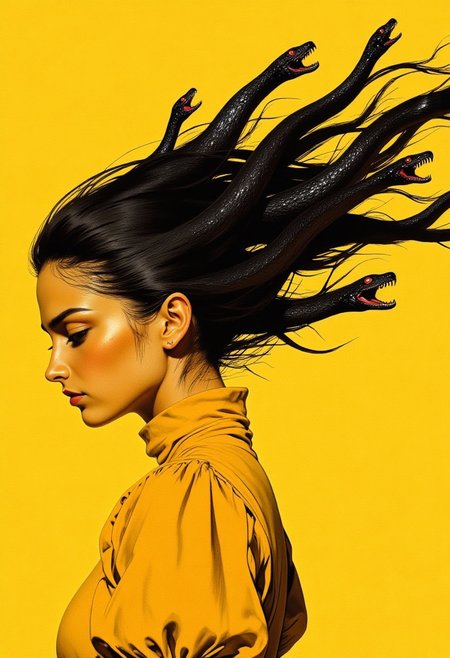 A woman’s side profile fills the frame, her eyes closed, her yellow skin seamlessly merging with the solid yellow background. She wears a yellow turtleneck dress with voluminous puff sleeves, the soft fabric folding gently over her shoulders. Her stark black hair lifts and flows outward, not perfectly straight but undulating subtly, as if caught in a slow, weightless motion. As it extends, the strands elongate and distort, seamlessly morphing into five distinct black snakes. Their bodies emerge naturally from the shifting hair, twisting slightly before taking form. The sleek, two-dimensional serpents maintain the same deep black as the hair, their sinuous shapes tapering towards their sharp heads. Each snake has narrow, glowing red eyes, their pupils thin slits against the darkness, and slightly parted mouths revealing sharp, tapered fangs. The surreal transformation blends seamlessly, the movement frozen in a moment of eerie elegance, where the boundaries between hair and creature dissolve into one fluid, graphic composition.