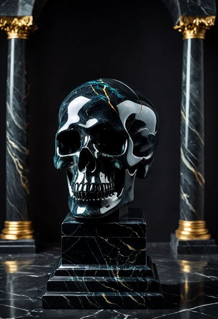Fujifilm XT3, Sony A7 IV, (award winning photography) a (black: 0.89) marble skull made of opal (Kintsugi: 0.89) set on a pedestal in temple, glistening. in the background beautiful pillars, divine (iridescent: 0.79), opalescent textures, volumetric light, ethereal, sparkling, studio photo, highly detailed, sharp focus (highest quality: 1.39) (highest coherency: 1.39) (award winning photography), highly detailed photography, (muted colors, cinematic, dim colors, soothing tones:1.2), vibrant, insanely detailed, hyperdetailed, (dark shot:1.2), (vsco:0.3), (intricate details:0.9), (hdr, hyperdetailed:1.2) (vignette), sss, raw photo, fijifilm, kodak, cinematic film grain