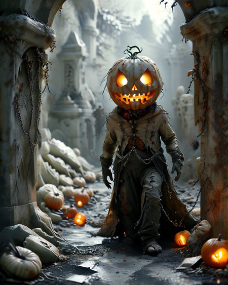 jack o lantern emerging from a marble crypt, chains, jewelry, full body, cemetery, eerie glow, <lora:add-detail-xl:0.7>,  <lora:xl_more_art-full_v1:0.6>,   <lora:Bas_Waijers_-_Artstyle_Style_SDXL:1>, <lora:ral-zmbyz:0.7> ral-zmbyz,  <lora:MJ52:1>