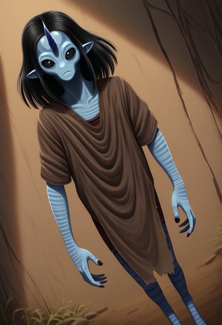 ((Alien humanoid)), solo, androgynous, aquatic features 
blue skin, ((webbed skin between fingers)),
((No nose)):1.3, ((nostrils only, nostril slits, vertical nasal slits, narrow nostrils)):1.6, ((narrow eyes)), ((black sclera, black irises)), smooth skin,  pointy ears, small ears, tiny ears, holes in skin, forehead horn, short horn, veiny horn, ((single horn)):1.0, ((4 fingers)), fingernails, thin lips, ((black hair)), ((short hair, spiky hair)), sharp teeth, ((digitigrade legs)), bent legs,
full body shot
ragged clothes, muddy clothes, loincloth, tunic, dirty
Medieval style, fantasy style,
((Variety)):1.2
((dutch angle))
river background
fully clothed, loose clothing, clean lines, smooth colors, detailed fingers, sfw, style: kurtz, source: realistic, rating: pg, score: 8 up, score: 9