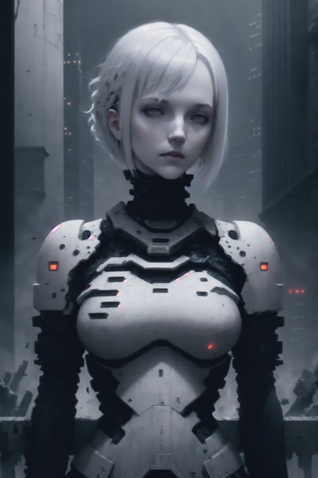 dark colors,RAW photo,realistic,detailed,8k uhd, dslr,sharp,volumetrics dtx, highly detailed,soft lighting,cibo (normal), white hair, short hair,portrait, detailed face, pale skin, tubes, concrete, mega structures, giant buildings ,decrepit scenery,  debris, <lora:blamev2:0.7>