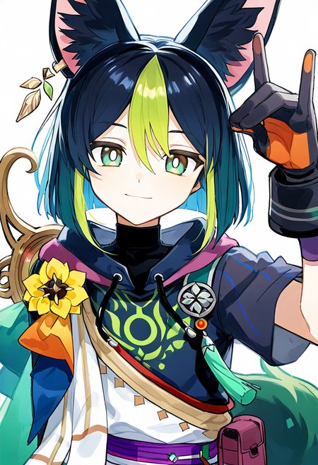 1boy,male focus,tighnari \(genshin impact\),genshin impact,androgynous,animal ears,black gloves,black hair,flower brooch,fox boy,fox ears,gloves,green eyes,green hair,hand up,short hair,smile,solo,upper body,single earring,fox shadow puppet,jewelry,two-tone gloves,gradient clothes,medal around neck,tail,green tail,animal ear fluff,hood down,streaked hair,shirt,rope,looking at viewer,bob cut,white background,hair between eye,medal,earrings,fox tail,multicolored hair,tassel,hood,flower,closed mouth,blunt ends,hoodie,drawstring,long sleeves,simple background,pouch,black shirt,white flower <lora:n_XL_NBVP1_lokr_V6311P:0.95>