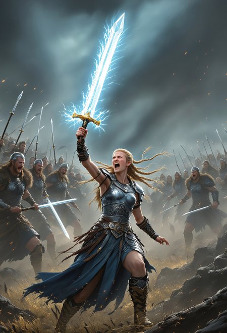Sinoink VALHERO a shieldmaiden holding up a glowing sword and yelling at the battle of ragnarok
