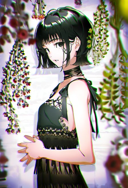 1girl, solo, black hair, short hair, flower, black eyes, upper body, chromatic aberration, looking at viewer, blurry, from side, breasts, sleeveless, choker, parted lips, bangs, bare shoulders, dress, own hands together, small breasts, black dress, depth of field, blurry foreground <lora:yoneyamaiXL_NBVP1_lokr_V6311PZ:0.95>