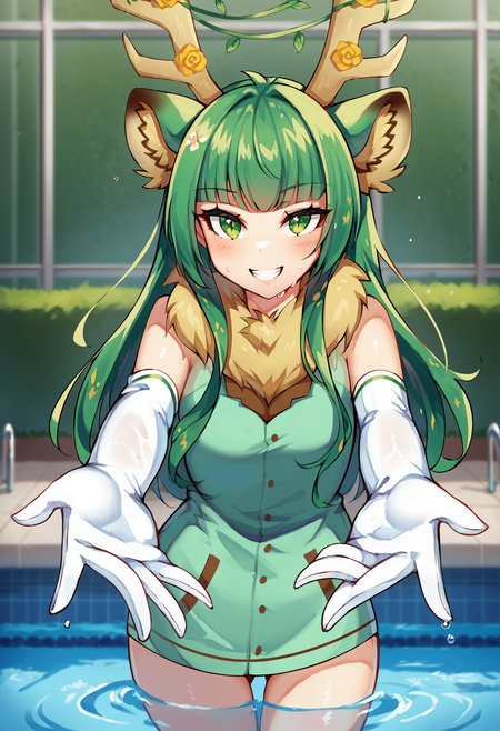 score_9, score_8_up, score_7_up, uncensored, source_anime, 1girl,  <lora:spharukaKaribuXLPony:1> harukadef, moose ears, animal ear fluff, reindeer antlers, green dress, fur trim, flower, white gloves, elbow gloves, groin, pool, poolside, water, wet, cellphone, grin, looking at viewer, outstretched arms, smile, solo, frustrated