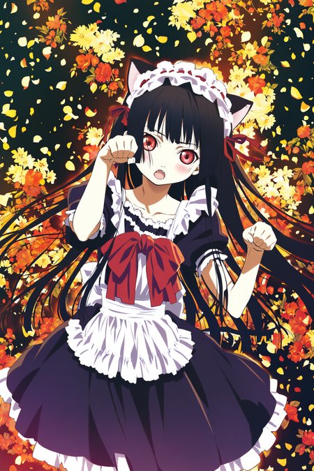 Enma Ai,1girl,solo,long hair,black hair,red eyes,animal ears,cat ears,paw pose,dress,blush,black dress,hime cut,open mouth,gothic,maid,standing,fang,
<lora:JigokuShoujo_XL_v2:0.8>,