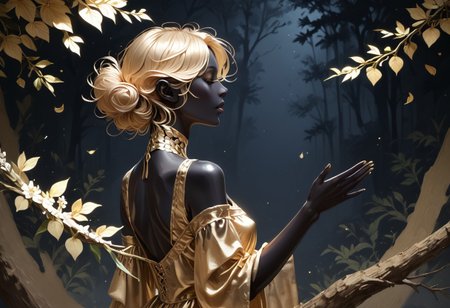 zPDXL3, ((score_9, score_8_up, score_7_up)), masterpiece, detailed, perfect face, perfect anatomy, 1boy, Cyrus the great, elven ears, slim body, black skin, golden dress, reaching, flower tree, silhouette_with_gold_foil, abstract, metallic shine, from side, dark background, Korosh