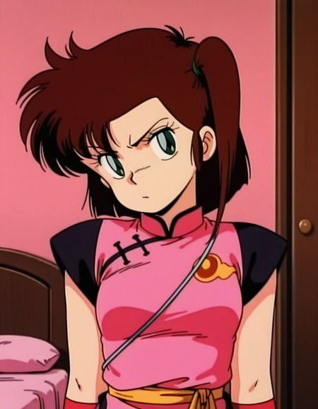 masterpiece, best quality, uncensored,  arms at sides, (head tilt), upper body, angry, solo, bedroom, 
<lora:Yan0:1>, Yan0, 1girl, short hair, brown hair, green eyes, pink china dress,looking back, 1980s \(style\),