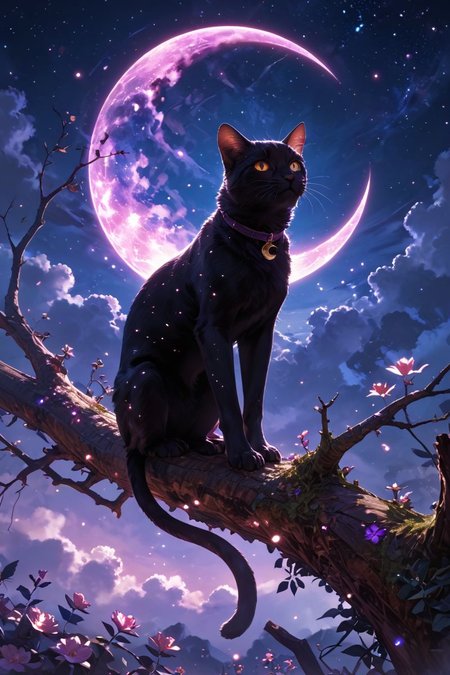 realistic,detailed background,score_9,score_8_up,score_7_up,masterpiece,best quality,
<lora:(增强)sdxl_lightning_8step_lora:1>,<lora:glowneon_xl_v1:1>,glowing,<lora:ExpressiveH:0.8>,Expressiveh,<lora:(增强)Hands XL 4:1>,perfect hands,
Surreal night scene,silhouette of a cat sitting on a tree branch,crescent moon in the sky,purple hues,starry night,dreamlike atmosphere,glowing edges,mystical,high contrast,ethereal light,detailed textures,whimsical,