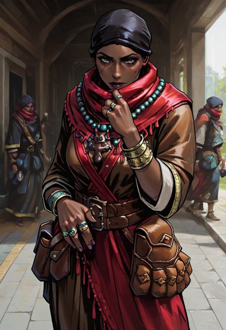 masterpiece, best quality, newest, absurdres, highres,  solo, solo focus, TTCSV1.0
1girl, DDAntiq-V1.1, scarf, bandana, robe, dark-skinned female, dark skin, belt pouch, pouch, necklace, belt, ring, bracelet,