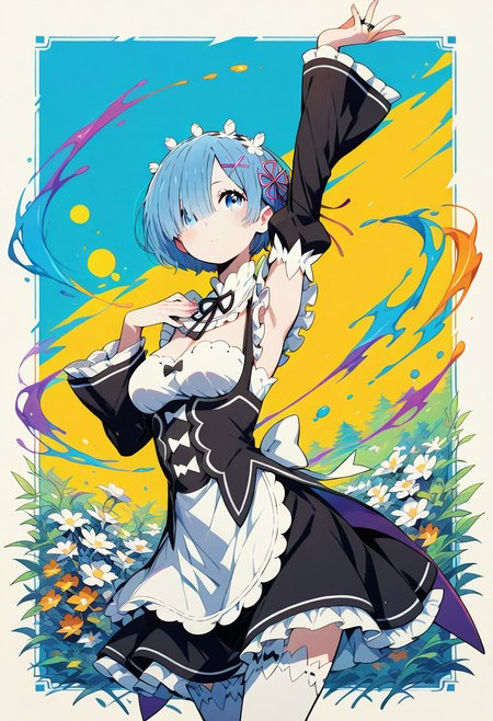masterpiece, high quality, highres, flat colors, gradient, retro colors, sketch, ink splash, rings, abstract, dynamic angle, cinematic, neo_pop, 
1girl, solo, rem_\(re:zero\), blue_eyes,hair_over_one_eye,short_hair,blue_hair,hair_ribbon
roswaal_mansion_maid_uniform,
dynamic pose, posing, outside border, park
<lora:add-detail-xl:1.10>  <lora:Neo-Pop_Illustrious:1>   <lora:rem:1>