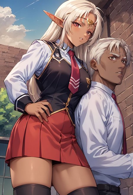 score_9, score_8_up, score_7_up,  source_anime, <lora:Degen_Pirotess_v1-000007:1> pirotess, circlet,  <lora:bible_black_uniform_xl_v3:0.8> school uniform, white shirt, black vest, black thighhighs, red skirt, red necktie, dark elf,