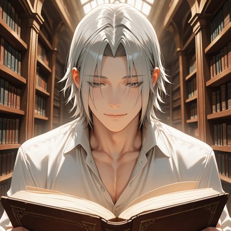 masterpiece, best quality, amazing quality, absurdres, newest, detailed background, definition so sharp, Ultra-HD, 8K cinematic, very awa, impressionate, amazing quality, highres, 
solo, male focus, manly, 
yashiroisana, 1boy, short hair, parted bangs, shiro_pretime, shiro_grey hair, shiro_grey eyes, reading a book, light smile, calm expression, library, soft light, bookshelves, playful, aesthetic, peaceful, intellectual