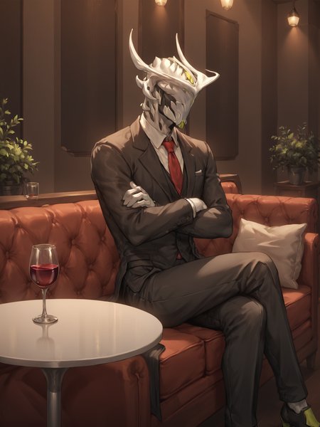 score_9, score_8_up, score_7_up, score_6_up, score_5_up, score_4_up, best quality, highres, detailed background, inside, classy, restaurant, sofa, table, wine glass BREAK
<lora:OberonWF_PDXL:0.7> oberonwf, white body, yellow highlights, eyeless, mouthless, looking aside, formal wear, black suit, black jacket, red necktie, black pants, crossed arms, sitting
