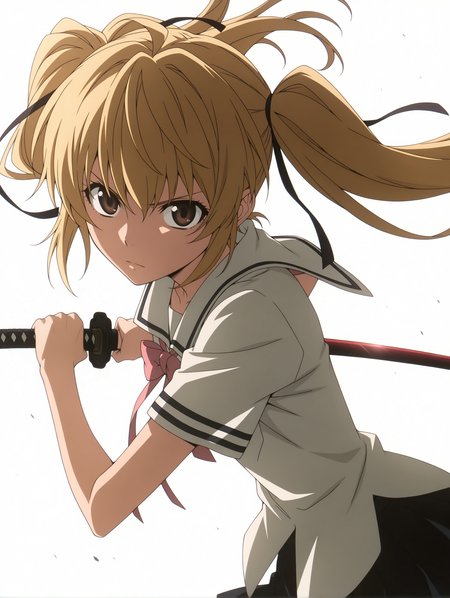 masterpiece,best quality,newest,
1girl,solo,
anime screencap,<lora:s_raimei_ilxl_v1.0:1>,s_raimei,blonde hair,hair bow,twintails,brown eyes,
r_clothes,serafuku,ribbon tie,white shirt,black pleated skirt,
r_katana,red scabbard,
<lora:Fixhands_anime_bdsqlsz_V1:1>,cowboy_shot,expressionless,serious,portrait,looking_at_viewer,ready to draw,floating hair,white_background,simple_background,
