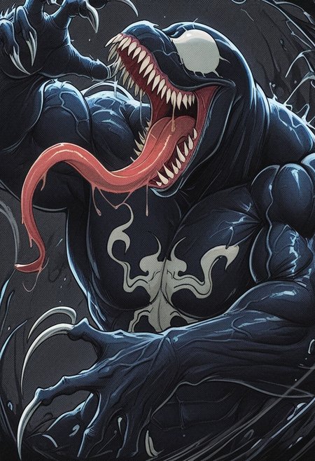 813nm0hstyle,   masterpiece, best quality, solo,                                                                                                                                                                                                                                                  venom, feral, mouth open, long tongue, sharp teeth, drool, long claws, swole and buff muscles, veins,