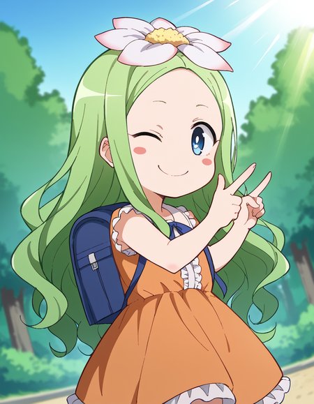 score_9, score_8_up, score_7_up, source_anime, <lora:celine-darkness-ponyxl-lora-nochekaiser:1>, celine, long hair, blue eyes, hair ornament, flower, green hair, hair flower, wavy hair, blush stickers,, dress, backpack, orange dress, frills,, Outdoors, nature, scenery, open space, sunlight, smile, <lora:double-finger-gun-ponyxl-lora-nochekaiser:1>, double finger gun,, blush, smile, one eye closed, from side, looking at viewer, solo,, dutch angle, cowboy shot