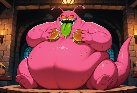 masterpiece, amazing quality, best quality, 1boy, solo, Buy0nDB, pink skin, sharp teeth, antennae, monster, fat, solo, male focus, orange sclera, black pupils, inside a dungeon, no humans, sweat, tail, sitting at a table, eating a lot of food, green tongue, smile, holding food