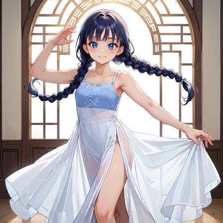score_9, score_8_up, score_7_up,source_anime, 1woman, black hair, twin braids, blue sapphire eyes, dancing pose, light smile, blush,  <lora:Lyrical dance dress long:0.9> white lyrical dance dress, long dress, see-through, high slit,
ball_room, intricate golden light