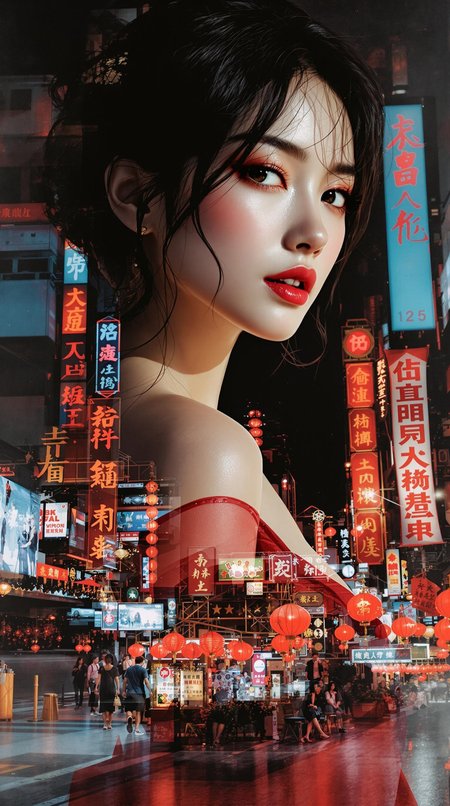 photorealistic poster ink art, double exposure image, the first image positioned at the bottom, featuring a closeup portrait of a beautiful oriental women wearing a short red dress, disheveled hair, bare shoulders, slightly parted lips, detailed fabric, [masterpiece], [best quality], chiascuro, below a scene of a night Chinatown city vista with video advertising screens, neon Kanji signs, disheveled hair, bare shoulders, slightly parted lips, detailed fabric, [masterpiece], [best quality], chiascuro