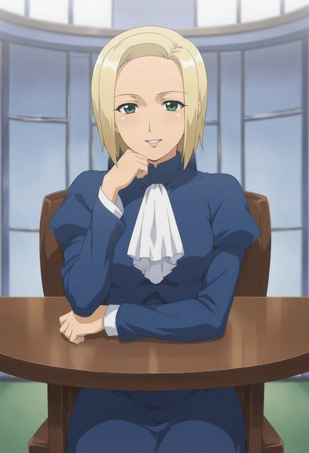 <lora:Nanae_Kuh_Haruka-Girls_Bravo:0.8>,1girl,solo,nanae kuh haruka,mature female,short hair,blonde hair,green eyes,anime coloring,ascot,puffy sleeves,long sleeves,dress,blue dress,sitting,on chair,table,arm rest, looking at viewer, smile,parted lips, indoors,