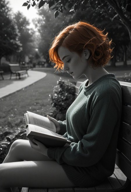 colorvsgrey, monochrome, greyscale, score_9, score_8_up, score_7_up, score_6_up, 
1girl, 25 years old, 
freckles,
orange hair, curly hair, short hair, 
(green sweater), 
sitting on bench, reading book, side view, 
park, autumn, fall,