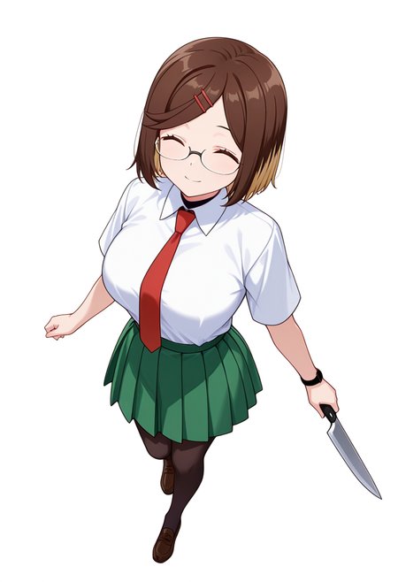 masterpiece,high quality details, absurdres,
 <lora:Konoha_Koga:0.8>koga_cnr, 1girl, brown hair, short hair, brown eyes, blonde hair, two-tone hair, large breasts, semi-rimless eyewear,hairclip,
koga_s1, white shirt, collared shirt, shirt tucked in,green pleated skirt,red necktie, black pantyhose, loafers, wristwatch,  
holding knife,, simple background, white background, from above,solo,, ^ ^,