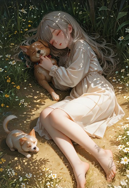 score_9, score_8_up, score_7_up, lvthn, a girl, spiked_hair, parted_lips, mole on face, sleeping, full body, sunlight, lie down on field with dog, high angle, <lora:p-skin:1> <lora:sdxl_lightning_8step_lora:1> <lora:LVTHN:1,0,0,0,0,0,0,1,0,0,0,0>