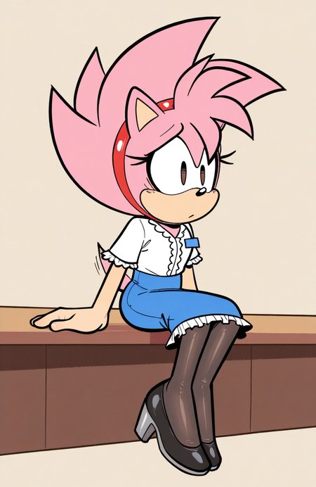 1girl, solo, office hostess uniform, frilled blouse, a-line skirt, pantyhose, heels, name tag, sitting, slight twist, focused gaze, energetic vibe, dynamic poise,
 <lora:qqLettuce:0.8> qqlttc, furry, <lora:AmyTekno:0.8> fleet-amy, spiked hair, pink fur, brown eyes, extremely detailed, highres, masterpiece, best quality