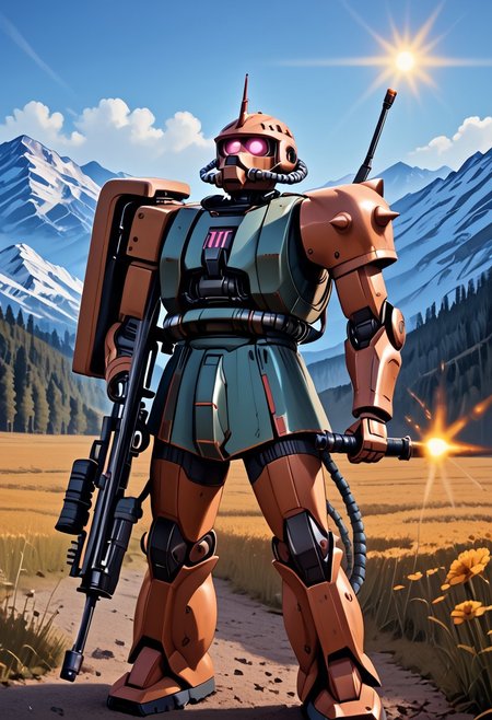 score_9, score_8_up, score_7_up, source_anime, cowboy shot, side view, BREAK, ( garma_zaku, pink monoeye, looking to the side, holding rifle in both hands, aiming to the side, firing rifle, muzzle flare, ) 1mech, mech focus, solo, BREAK, snow, ice, ice mountains, blue violet sky, Simon Stålenhag style, Realistic, Relaxed, Moonlit, Light sparkles, Pixabay, beautiful detailed supreme quality color intricate, dynamic dramatic beautiful full taking, contemporary fine detail, highly detail, dynamic background, positive emotional,