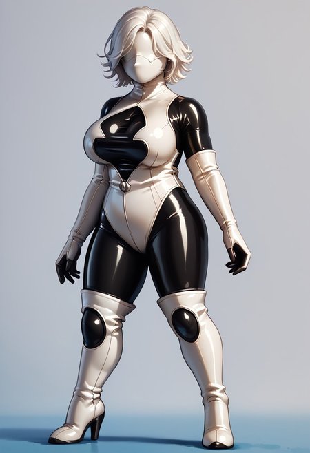 Score_10, score_9, score_8, full body, solo, 1girl, mature female, curvy, large breasts, shyhero, gloves, looking at viewer, elbow gloves, mask, white gloves, white hair, white leotard, thigh boots, libredrone, latex, rubber, no face, no eyes, no nose, no mouth