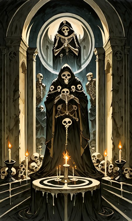 score_9, score_8_up, score_7_up, score_6_up, source_anime, BREAK solo, holding, standing, fire, skull, robe, candle, skeleton, pillar, statue, candlestand, horrorStylez