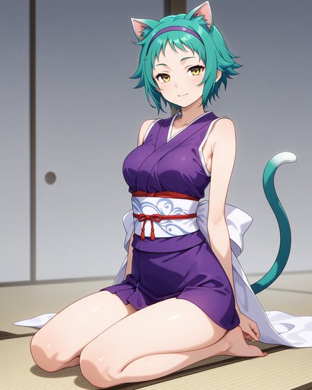 (purple sleeveless kimono obi sash hairband:1.50), 
ys-yaya, green hair, short hair, yellow eyes, 
1girl, (solo:1.60), skinny,
(masterpiece, best quality, amazing quality, absurdres, high quality, highres, masterpiece), 
light smile,
full body
,
(:1.20), 
BREAK,
,
,
(),
medium breasts,
cat ears, cat tail
<lora:ys-yaya-V01-illXL:0.70>