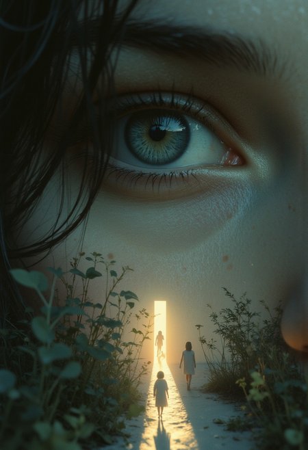 An enigmatic composition bathed in soft, diffused light, blending whispers of surrealism and melancholia. The scene unfolds in a cinematic atmosphere where subtle textures and delicate grains add depth, while the interplay of light and shadow enhances the quiet intensity of the moment. A subdued color palette merges with ethereal haze, evoking a dreamlike quality and timeless stillness. The central subject –In an extreme close-up, Henry’s eye reflects a tiny shadow puppet procession crossing a narrow thread of light. The camera pulls back to reveal the puppets marching along a precarious line cast by a ray of sunlight, their shapes flickering as though resisting the brightness.– is delicately framed, their presence balanced between mystery and intimacy. Surrounding elements, rich in symbolic undertones, anchor the narrative in an otherworldly context. Organic details like softly swaying flora or faintly glowing surfaces contrast with stark, haunting figures, creating a juxtaposition that is both poignant and surreal. The composition invites introspection, with negative space amplifying the mood's resonance. Every detail, from the atmospheric depth to the muted highlights, serves to craft an image that feels suspended in an emotional, poetic realm, steeped in quiet nostalgia.
surreal style