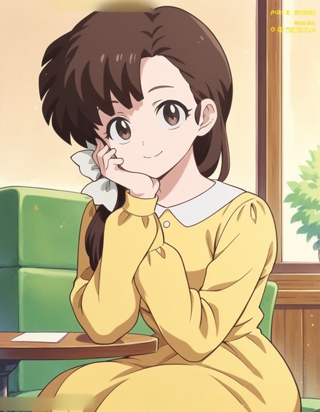 score_9, score_8_up, score_7_up, source_anime, <lora:kasumi-tendou-leak-ponyxl-lora-nochekaiser:1>, kasumi tendou, long hair, hair bow, bangs, hair over shoulders, brown hair, brown eyes, white bow,, long sleeves, dress, yellow dress,, indoors, smile, looking at viewer, solo, sitting, head rest, table,, cowboy shot, dutch angle