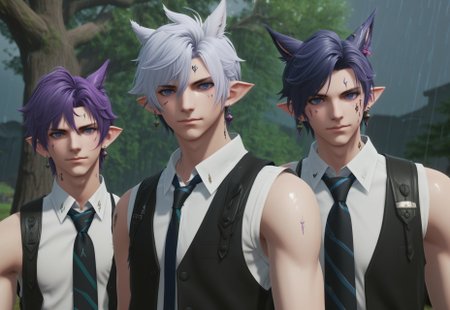 dt_xiv_style, looking at viewer, short hair, blue eyes, shirt, animal ears, jewelry, jacket, purple hair, white hair, male focus, earrings, outdoors, multiple boys, necktie, sleeveless, 2boys, tree, rain, miqo'te, cinematic lighting,  best quality, masterpiece