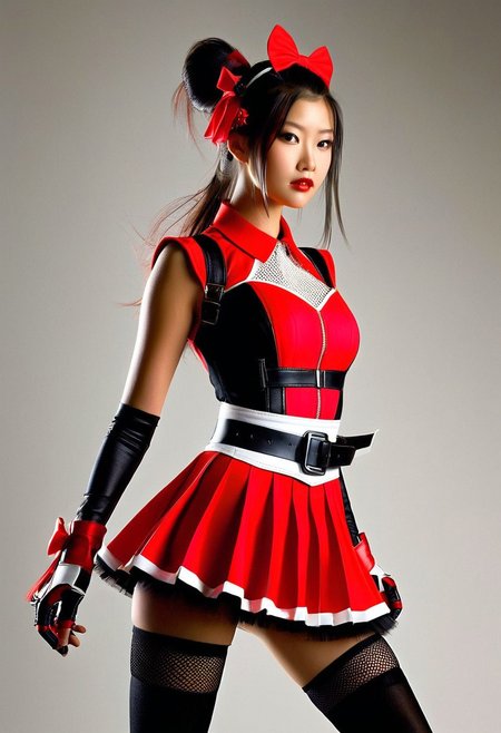 A hyper-realistic portrait of a girl's upper body, dressed in a vibrant red and black costume with white accents, featuring a sleeveless red dress with a white mesh panel, cinched at the waist with a black belt, paired with a pleated red mini skirt, black thigh-high stockings, and black fingerless gloves, her hair adorned with a red bow accessory, and black boots, set against a stark, high-contrast background with dramatic lighting, highlighting the intricate textures and folds of the costume, in a style reminiscent of high-fashion photography, with ultra-detailed, crisp lines and a bold color palette.