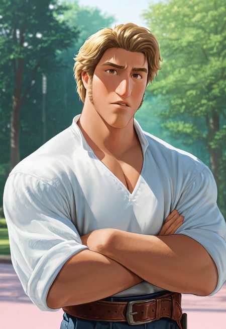 masterpiece, best quality, amazing quality, detailed background, intricate details, park, dynamic, cinematic, animated, anime realistic shading, solo, male focus, 1boy, handsome, j4c0b, blonde hair, brown eyes, sideburns, long sideburns, muscular male, upper body, white shirt, belt, belts, blue pants, furrowed brows, parted lips, crossed arms, looking at viewer, abstract background