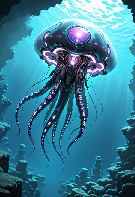 masterpiece, best quality, no humans,   ,<lora:TechJelly_IXL:0.7>,  TechJelly, sleek black body, glowing purple circuit patterns, jagged metallic edges, tentacles with digital tips, underwater ruins, bioluminescent sea creatures, floating motion, low-angle perspective, deep blue lighting, serene yet foreboding atmosphere â Beneath the deep ocean, TechJelly drifts through the underwater ruins of a once-great city. Its sleek black body is adorned with glowing purple circuit patterns that pulse with energy, while jagged metallic edges suggest both beauty and danger. Its tentacles, tipped with digital nodes, extend into the depths, gathering information from the surrounding bioluminescent sea creatures. The low-angle perspective gives the scene a sense of vastness, as the creature floats gracefully in the dark waters. The deep blue lighting from below creates an eerie calm, yet there is an underlying tension, as though TechJelly is on the cusp of uncovering a long-lost secret.