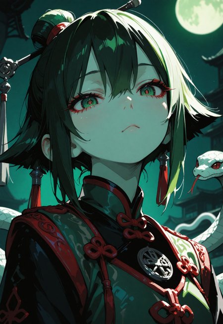 masterpiece, best quality, very awa, absurdres, detailed eyes, detailed face, detailed skin, simple background, BREAK
(cute character:1.5), 1girl, green Qipao, snake decorations, at night, moon,  sharp focus, looking at viewer, depth of field, (intricate:1.2), (green tone:1.1), (black tone:0.7), (green atmosphere:1.1), (anime coloring:1.1), high contrast, (masterpiece:1.2), (best quality:1.2), (very aesthetic:1.2), (absurdres:1.2), (detailed background), newest, ai-generated, (intricate details:1.2),,, BREAK
 <lora:ponyv6_noobV1_2_adamW-000017:0.9> <lora:748cmSDXL:0.8> <lora:DetailedEyes_V3:1> <lora:FINALE:0.5> <lora:noobai_vpred_1_masterpieces_v1:1>_v1:1>