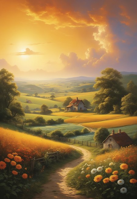 A peaceful countryside scene bathed in the warm glow of golden hour, where soft light transforms the landscape into a tranquil haven. Gentle palette captures the serenity of the moment, infusing the fields and sky with harmonious hues. Dreamlike quality adds an ethereal touch, blurring the lines between reality and imagination as clouds drift lazily overhead. Meanwhile, Boris Vallejo’s fantastical elements introduce a sense of wonder, perhaps featuring whimsical creatures or enchanting flora that invite the viewer to explore this idyllic setting. Together, these artistic styles create a serene composition that celebrates the beauty and magic of rural life, evoking a feeling of peace and contentment.
 (8k uhd:1,4)
 <lora:add-detail-xl:1>
 <lora:Dynamic Poses:1>