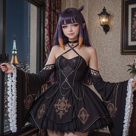 ultra-detailed,masterpiece, best quality, good quality, 8k,beautiful eyes, detailed eyes, detailed face, 
BREAK
ninomae inanis, pointy ears, long hair, purple hair, multicolored hair, blunt bangs, tentacle hair, sidelocks, purple eyes, choker, black dress, detached sleeves, frills, wide sleeves, ribbon, bow, criss-cross halter,
BREAK
seductive smile, standing,
BREAK
Intricate, detailed background, colorful, detailed background, dynamic angle, volumetric lighting, cinematic lighting,
BREAK
Indoors, Modern Apartment, Large window showing a cityscape at night,
BREAK
artist:moriimee,  <lora:MoriiMee_Gothic_Niji_Style_Illustrious_r1:0.6>, <lora:PowerPuffMixLora:0.5>,
BREAK
